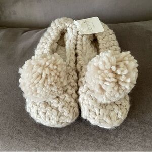 Beige Hand Knit Slippers with Pom-Poms